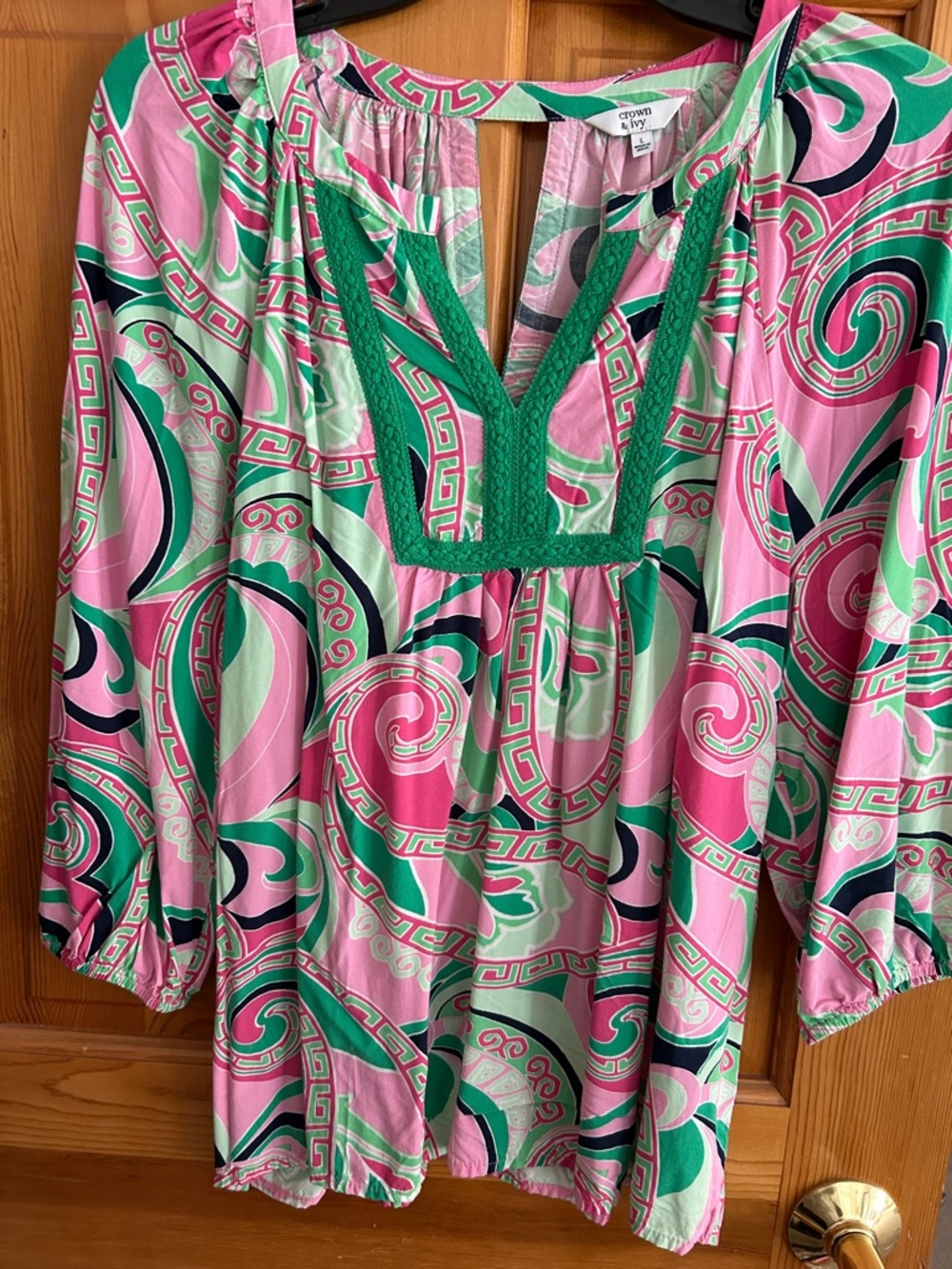 crown & ivy Pink and Green Printed Peasant Blouse